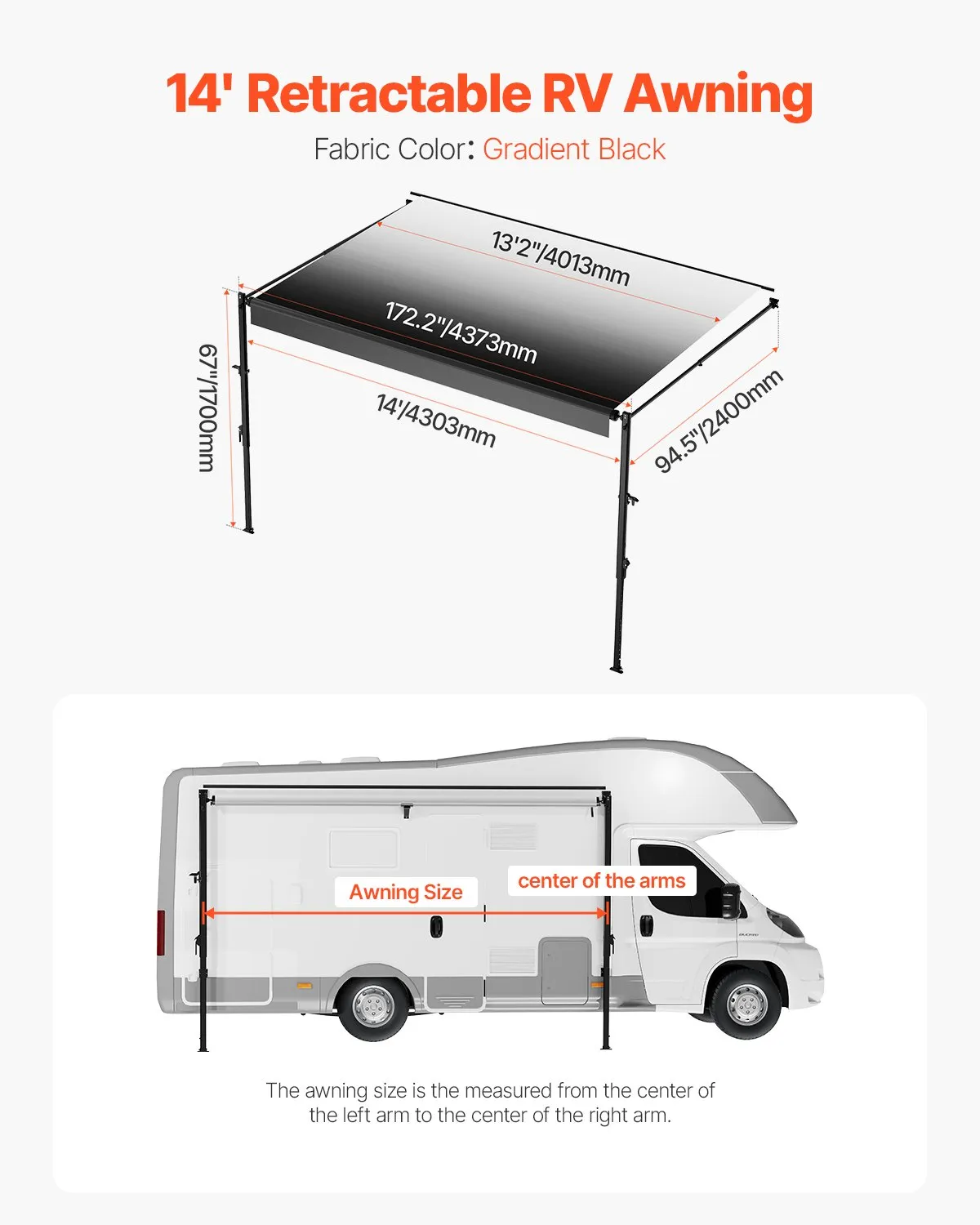 Markíza pre karavany, univerzálne zasúvacie markízy (426,7 cm), vodotesná slnečná clona s rámom z hliníkovej zliatiny, vonkajšia markíza s čiernym stojanom a čiernymi gradientnými látkami – Obrázok 6