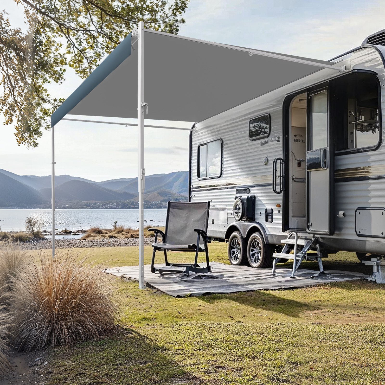 Markíza pre karavany, zaťahovacie markízy pre obytné vozidlá (548,64 cm), vodotesná markíza pre obytné vozidlá s rámom z hliníkovej zliatiny, vonkajšia markíza s bielym stojanom a modrými gradientnými látkami – Obrázok 5