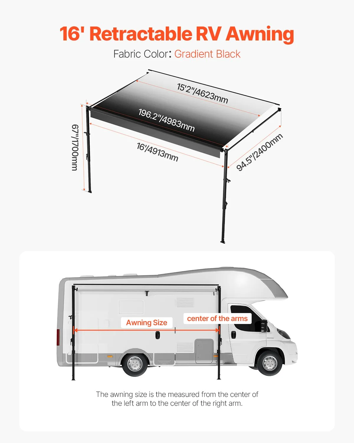 Markíza pre karavany, univerzálna zaťahovacia markíza pre obytné vozidlá (487,7 cm), vodotesná slnečná clona s rámom z hliníkovej zliatiny, vonkajšia markíza s čiernym stojanom a čiernou gradientovou látkou – Obrázok 7