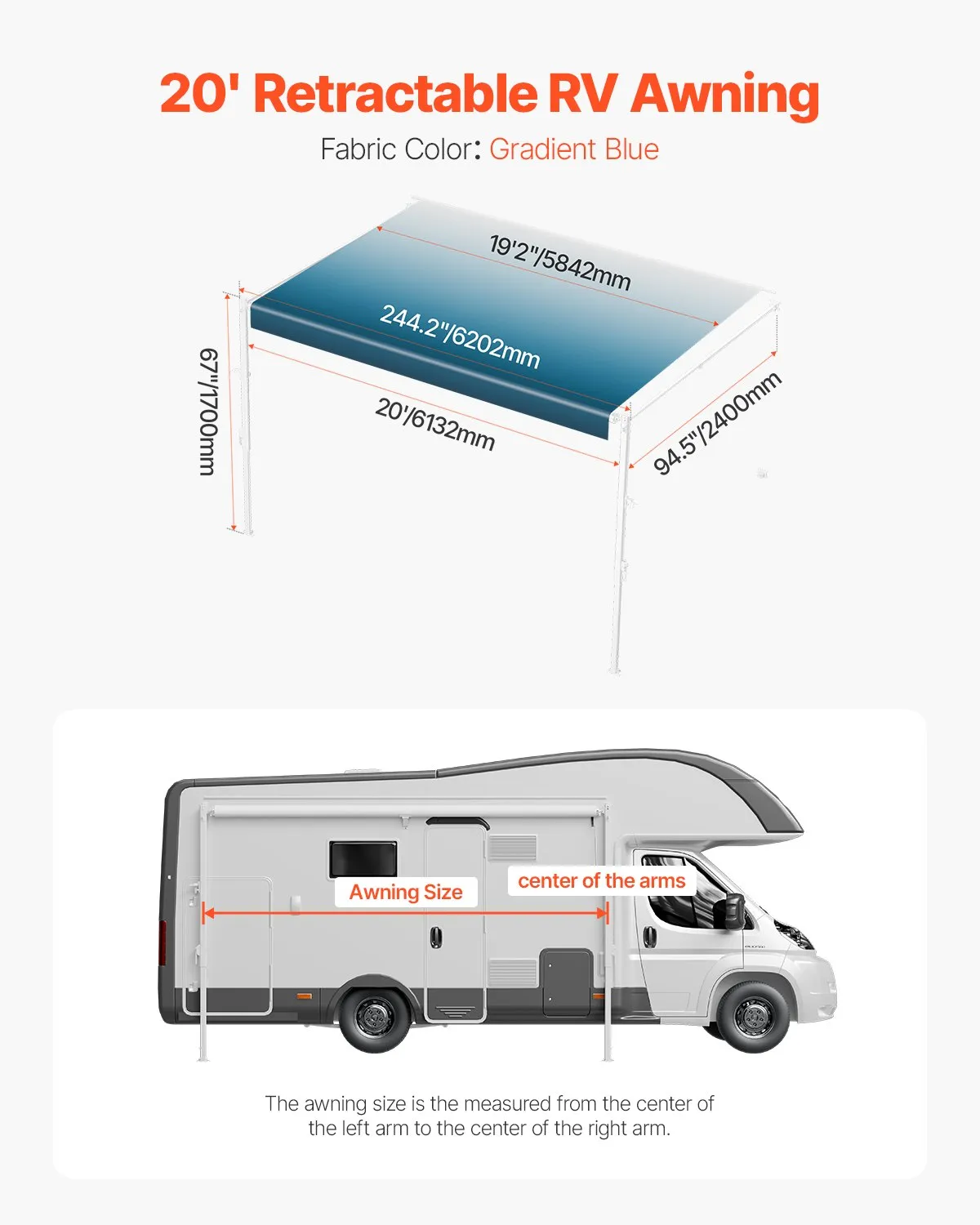 Univerzálna markíza pre obytné vozidlá (609,6 cm), vodotesná markíza pre obytné vozidlá s rámom z hliníkovej zliatiny, vonkajšia markíza s bielym stojanom a modrými gradientnými látkami – Obrázok 6