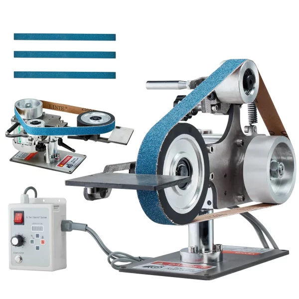 Pásová brúska  leštička s nastaviteľnou rýchlosťou 762x25,4 mm s VFD, leštiaca a brúsna linka s výkonom 550 W s 2 brúsnymi formami a 3 brúsnymi pásmi na obrábanie kovov, výrobu nožov