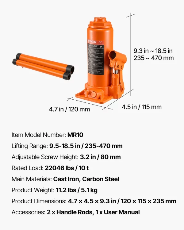 Hydraulický fľašový zdvihák s nosnosťou 10 t, rozsah zdvihu 235 – 470 mm, fľašový zdvihák so zváracím systémom na opravu áut typu pick-up, SUV, oranžový fľašový zdvihák pre ťažké vozidlá – Obrázok 7