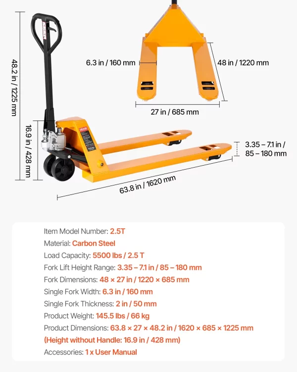 Paletový vozík, nosnosť 2,5 t. Ručný paletový vozík s vidlicami 1220 x 685 mm, paletový vozík s výškou zdvihu 8,5 – 18 cm, paletový vozík pre továrne, sklady, supermarkety a nakladanie nákladných vozidiel – Obrázok 6