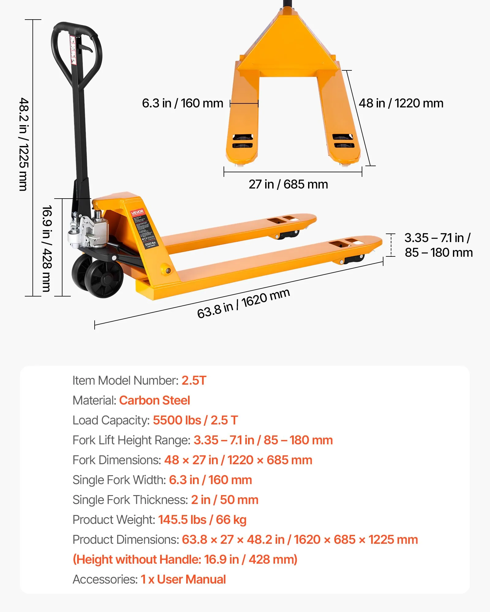 Paletový vozík, nosnosť 2,5 t. Ručný paletový vozík s vidlicami 1220 x 685 mm, paletový vozík s výškou zdvihu 8,5 – 18 cm, paletový vozík pre továrne, sklady, supermarkety a nakladanie nákladných vozidiel – Obrázok 6