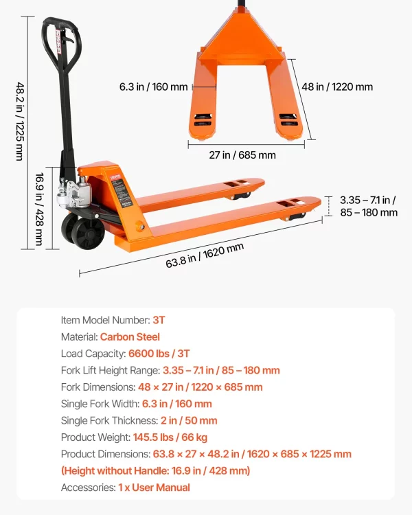 Paletový vozík, nosnosť 3 t. Ručný paletový vozík s vidlicami 1220 x 685 mm, paletový vozík s výškou zdvihu 8,5 – 18 cm, paletový vozík pre továrne, sklady, supermarkety a nakladanie nákladných vozidiel – Obrázok 6