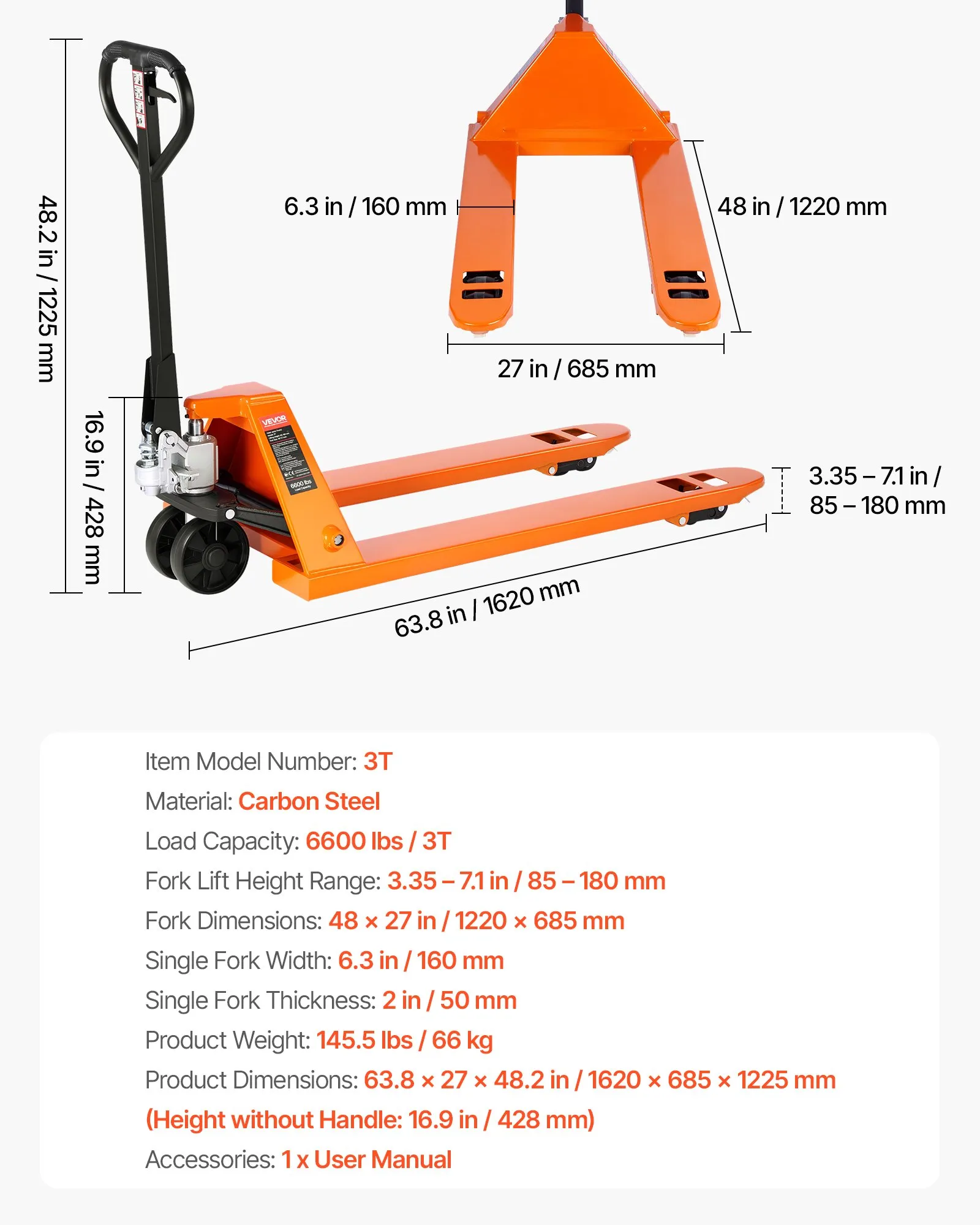 Paletový vozík, nosnosť 3 t. Ručný paletový vozík s vidlicami 1220 x 685 mm, paletový vozík s výškou zdvihu 8,5 – 18 cm, paletový vozík pre továrne, sklady, supermarkety a nakladanie nákladných vozidiel – Obrázok 6