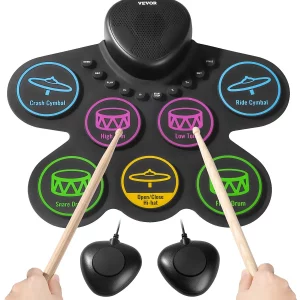 Elektronická bicia súprava  so 7 padmi, sada elektronických bicích s výstupom pre slúchadlá, dvojitý pedál, paličky, reproduktor, MIDI, inštrumentálna hračka pre deti od 3 rokov, viacfarebná