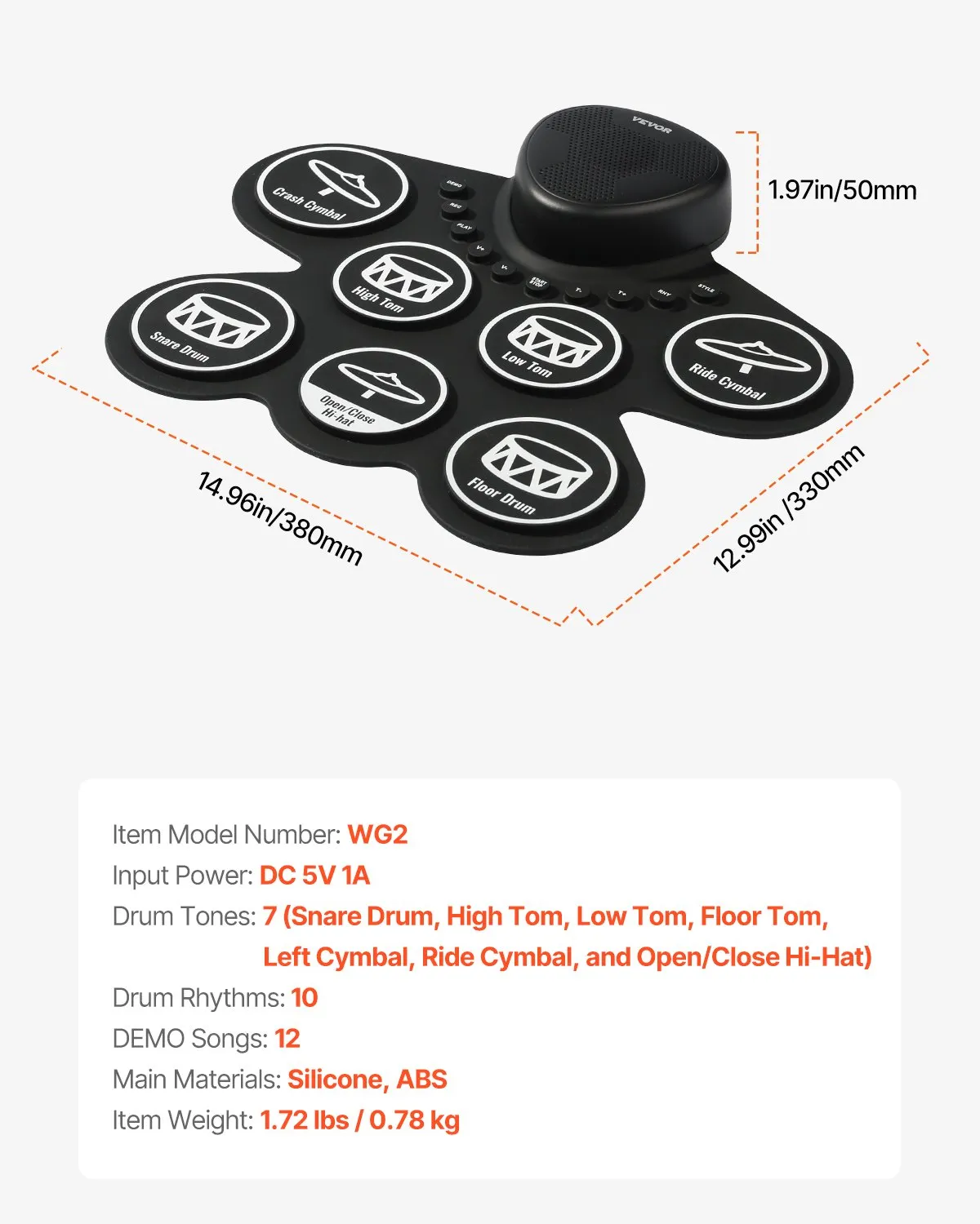 7-padová elektronická bicia súprava, zrolovateľná elektronická bicia súprava s výstupom pre slúchadlá, dva pedále, dve paličky, reproduktory, MIDI, inštrumentálna hračka pre deti od 3 rokov, čierna – Obrázok 5