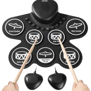 7-padová elektronická bicia súprava, zrolovateľná elektronická bicia súprava s výstupom pre slúchadlá, dva pedále, dve paličky, reproduktory, MIDI, inštrumentálna hračka pre deti od 3 rokov, čierna