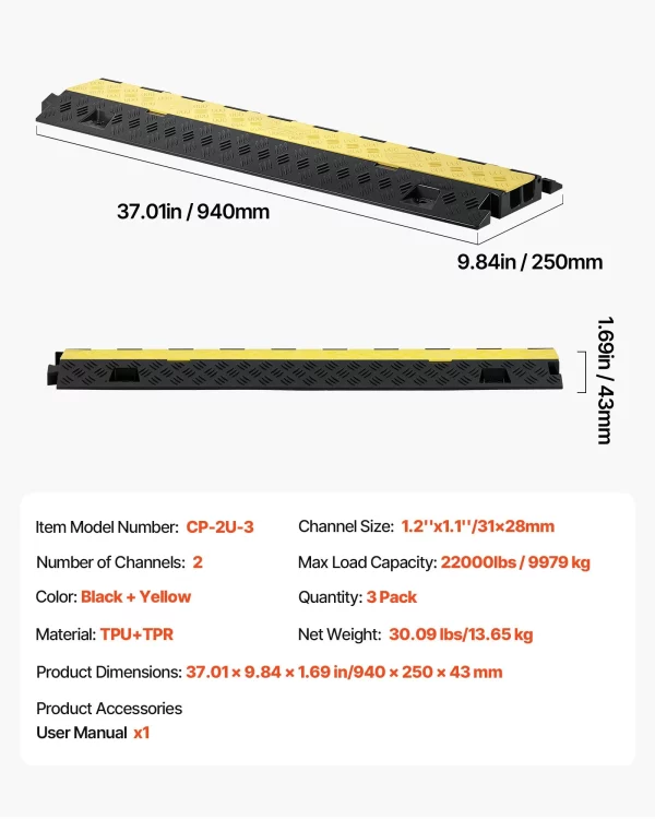Chránič káblov 940 mm, nosnosť 9979 kg/náprava, 2-kanálová (31 x 28 mm) TPU ochrana káblov, ochrana proti zakopnutiu, kryty podlahy, pre priestory s vysokým prahom, pre domácnosti, kancelárie, sklady, balenie 3 kusov – Obrázok 3