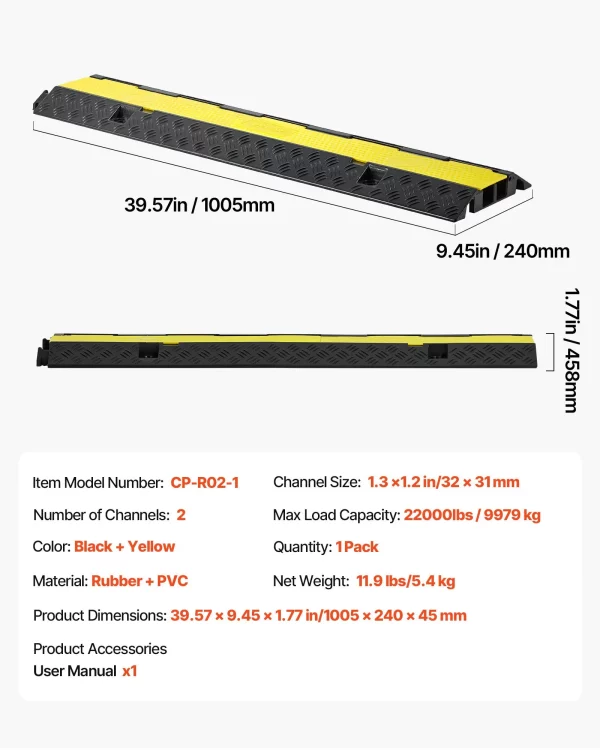 Chránič kábla VEVOR 1005 mm, 9979 kg, 2-kanálová (32 x 31 mm) gumená ochrana kábla, ochrana pred zakopnutím, kryty podlahy, pre priestory s vysokým prahom, pre domácnosti, kancelárie, sklady, 1 kus – Obrázok 6