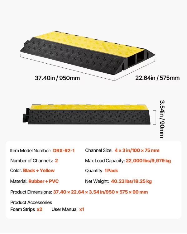 Chránič káblov  950 mm, 9979 kg, 2-kanálová (100 x 75 mm) gumená ochrana káblov, ochrana proti zakopnutiu, kryty podlahy, pre priestory s vysokým prahom, pre domácnosti, kancelárie, sklady, 1 kus – Obrázok 3