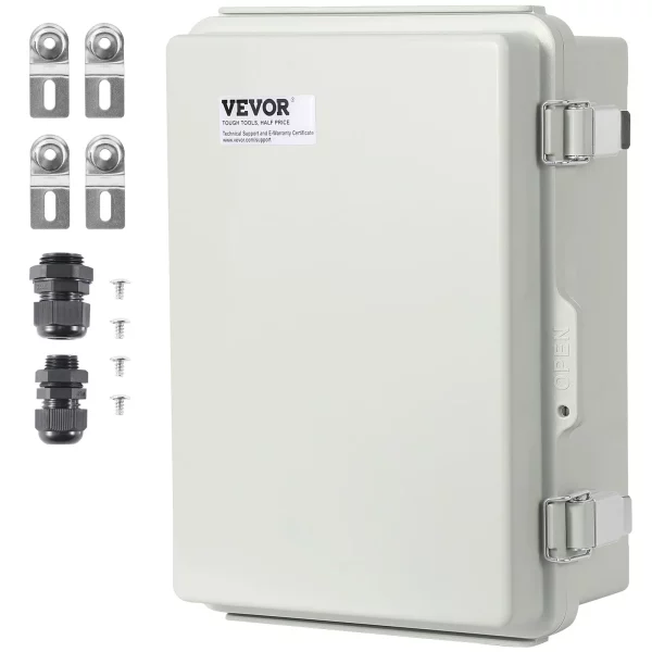 Vonkajšia elektrická rozvodná krabica , 300 x 200 x 180 mm, ABS plastová elektrická skrinka s výklopným vekom, západka z nehrdzavejúcej ocele, IP67, pre vonkajšie elektrické projekty