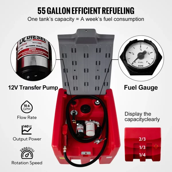 Prenosná naftová nádrž 219,55 l, mobilný tankovací systém, červená, mobilná naftová čerpacia stanica, 140 W, naftová nádrž, 2600 ot./min., prepravná nádrž, 12 V – Obrázok 2