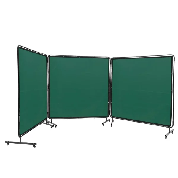 Zváračský štít s 3 panelmi 1,8 x 1,8 m, nehorľavý vinyl, so 6 otočnými kolieskami a 6-úrovňovou UV ochranou, zelená zváračská deka – Obrázok 3