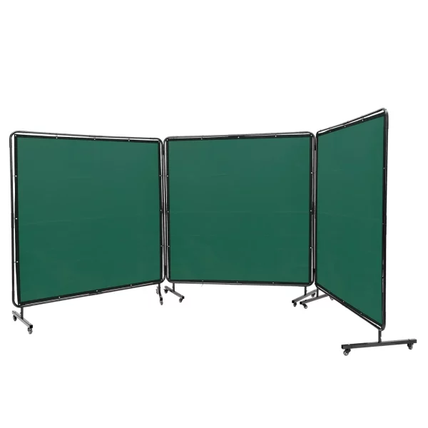 Zváračský štít s 3 panelmi 1,8 x 1,8 m, nehorľavý vinyl, so 6 otočnými kolieskami a 6-úrovňovou UV ochranou, zelená zváračská deka – Obrázok 2