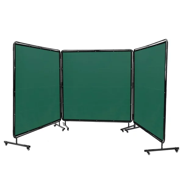 Zváračský štít s 3 panelmi 1,8 x 1,8 m, nehorľavý vinyl, so 6 otočnými kolieskami a 6-úrovňovou UV ochranou, zelená zváračská deka – Obrázok 4