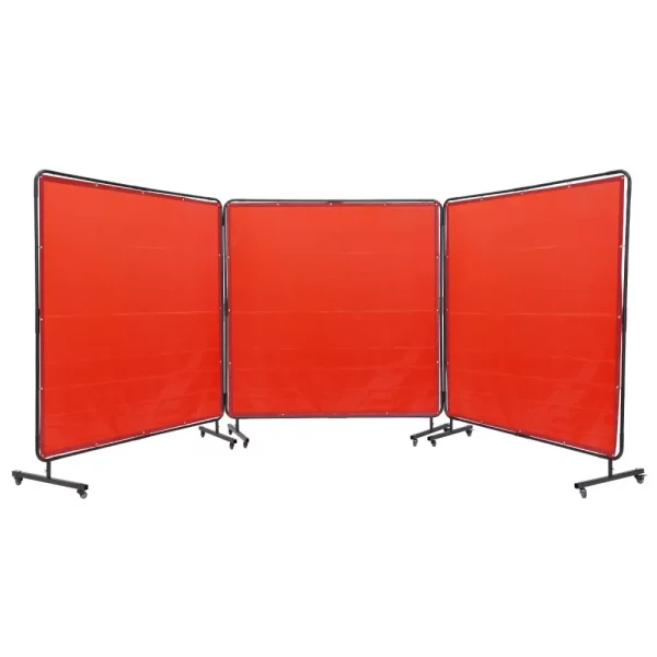 Zváračský štít s 3 panelmi 1,8 x 1,8 m, nehorľavý vinyl, s 12 otočnými kolieskami a 6-úrovňovou UV ochranou, červený – Obrázok 5