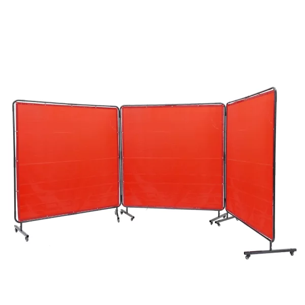 Zváračský štít s 3 panelmi 1,8 x 1,8 m, nehorľavý vinyl, s 12 otočnými kolieskami a 6-úrovňovou UV ochranou, červený – Obrázok 2
