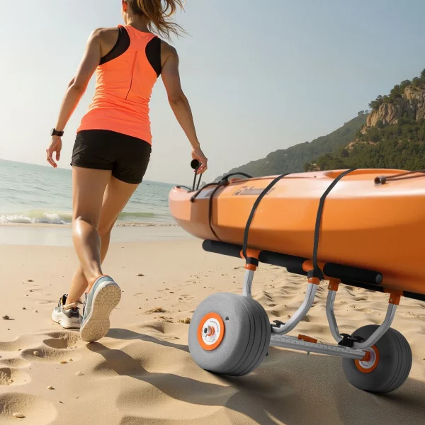 Kajakársky vozík, 158 kg, Kanoistický vozík s 30,5 cm nafukovacími PU pneumatikami a upevňovacím popruhom, Vozík na prepravu kajakov, kanoe, paddleboardov, člnov Jon a vybavenia pre vodné športy, 810 x 990 x 570 mm – Obrázok 6
