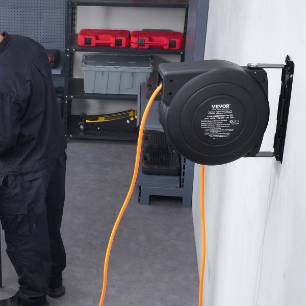 Navíjací predlžovací kábel, 15 m, 1000 W odolný navíjací napájací kábel s dĺžkou 1 m, ochrana proti prehriatiu, PP puzdro, otočný držiak o 180° na montáž na strop alebo stenu – Obrázok 6