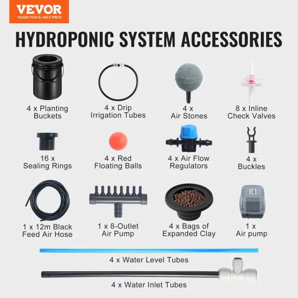 Hydroponický pestovateľský systém DWC, hydroponický pestovateľský systém s vrchnou odkvapkávacou sadou, hlboká vodná kultúra s objemom 5 galónov, 4 vedrá, so vzduchovým čerpadlom, vzduchovacími kameňmi a indikátorom hladiny vody pre listovú zeleninu – Obrázok 6