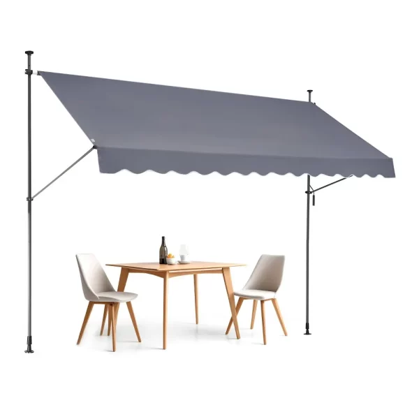 Markíza s upínacou konštrukciou 350 x 120 cm, balkónová markíza s ručnou kľukou, slnečná markíza, zastrešujúca terasu, nastaviteľná výška od 218 do 309 cm, markíza na terasu/balkón/záhradu, sivá