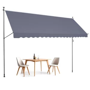 Markíza s upínacou konštrukciou 450 x 120 cm, balkónová markíza s ručnou kľukou, slnečná markíza, zastrešujúca terasu, nastaviteľná výška od 218 do 309 cm, markíza na terasu/balkón/záhradu, sivá