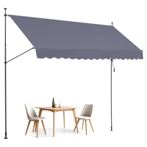 Markíza s upínacou konštrukciou 400 x 120 cm, balkónová markíza s ručnou kľukou, slnečná markíza, zastrešujúca terasu, nastaviteľná výška od 218 do 309 cm, markíza na terasu/balkón/záhradu, sivá