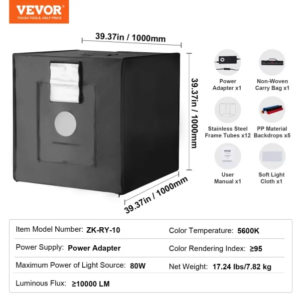 Svetelný box pre fotoštúdiá, profesionálny stan na fotenie s rozmermi 39 x 39 palcov, 5600K, 210 LED svetlami, 5 kulisami, napájacím zdrojom, mäkkou svetelnou látkou, rohovými dielmi, vysokým CRI ≥ 95 pre produktovú fotografiu – Obrázok 7