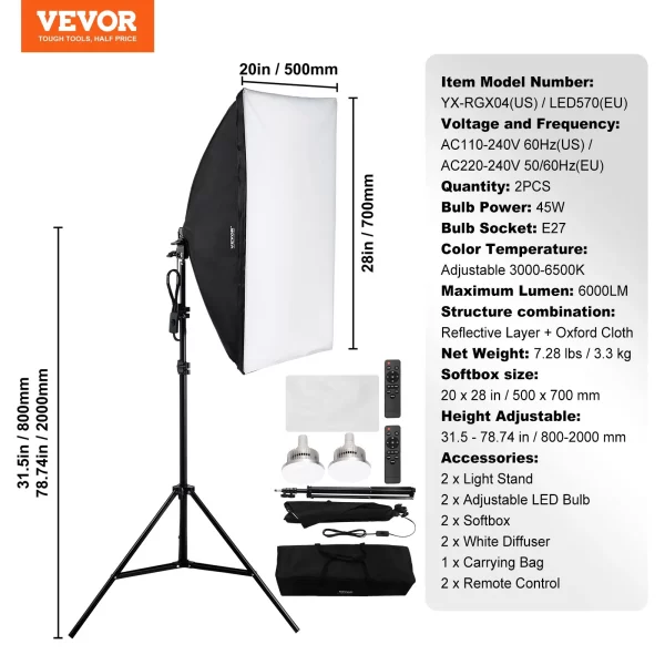 Softboxová sada, 500 x 700 mm, profesionálna fotoštúdiová sada so 45W LED žiarovkami 3000-6500K, 3 efekty kontinuálneho svietenia, statív, diaľkové ovládanie, štúdiové svetlá na portrétové fotenie, živé vysielanie – Obrázok 6