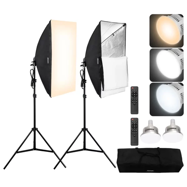 Softboxová sada, 500 x 700 mm, profesionálna fotoštúdiová sada so 45W LED žiarovkami 3000-6500K, 3 efekty kontinuálneho svietenia, statív, diaľkové ovládanie, štúdiové svetlá na portrétové fotenie, živé vysielanie