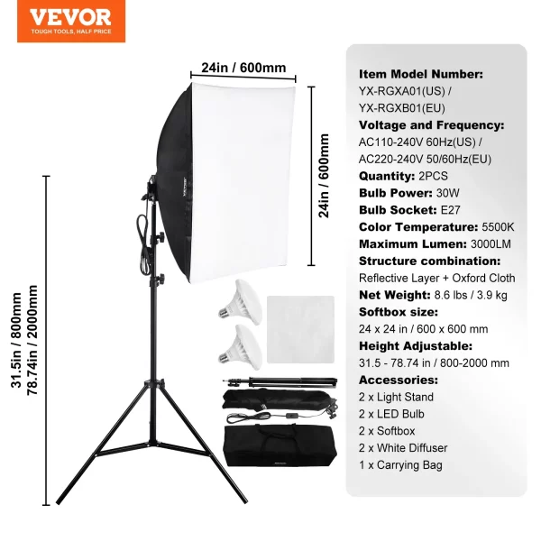 Softboxová sada, 60 x 60 cm, sada pre fotoštúdio s 30W 5500K LED žiarovkami, takmer prirodzené denné svetlo, nastaviteľný statív, štúdiové svetlá na fotografovanie, nahrávanie videa, živé vysielanie – Obrázok 5
