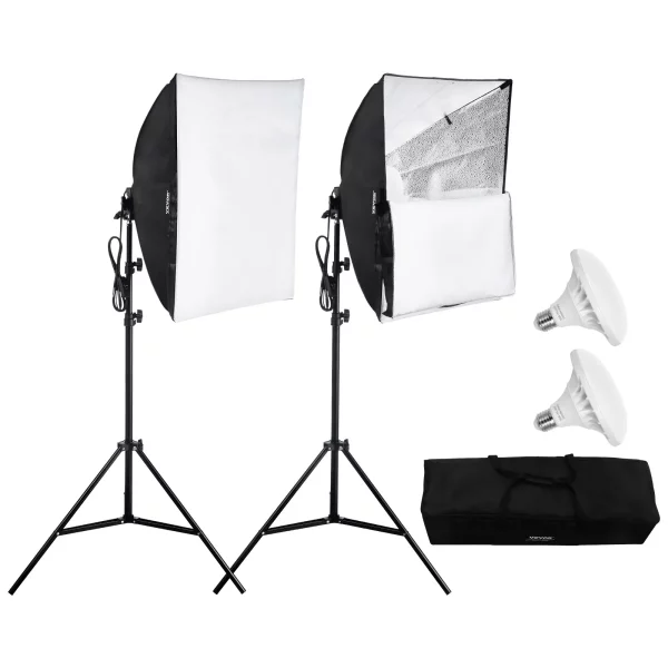 Softboxová sada, 60 x 60 cm, sada pre fotoštúdio s 30W 5500K LED žiarovkami, takmer prirodzené denné svetlo, nastaviteľný statív, štúdiové svetlá na fotografovanie, nahrávanie videa, živé vysielanie