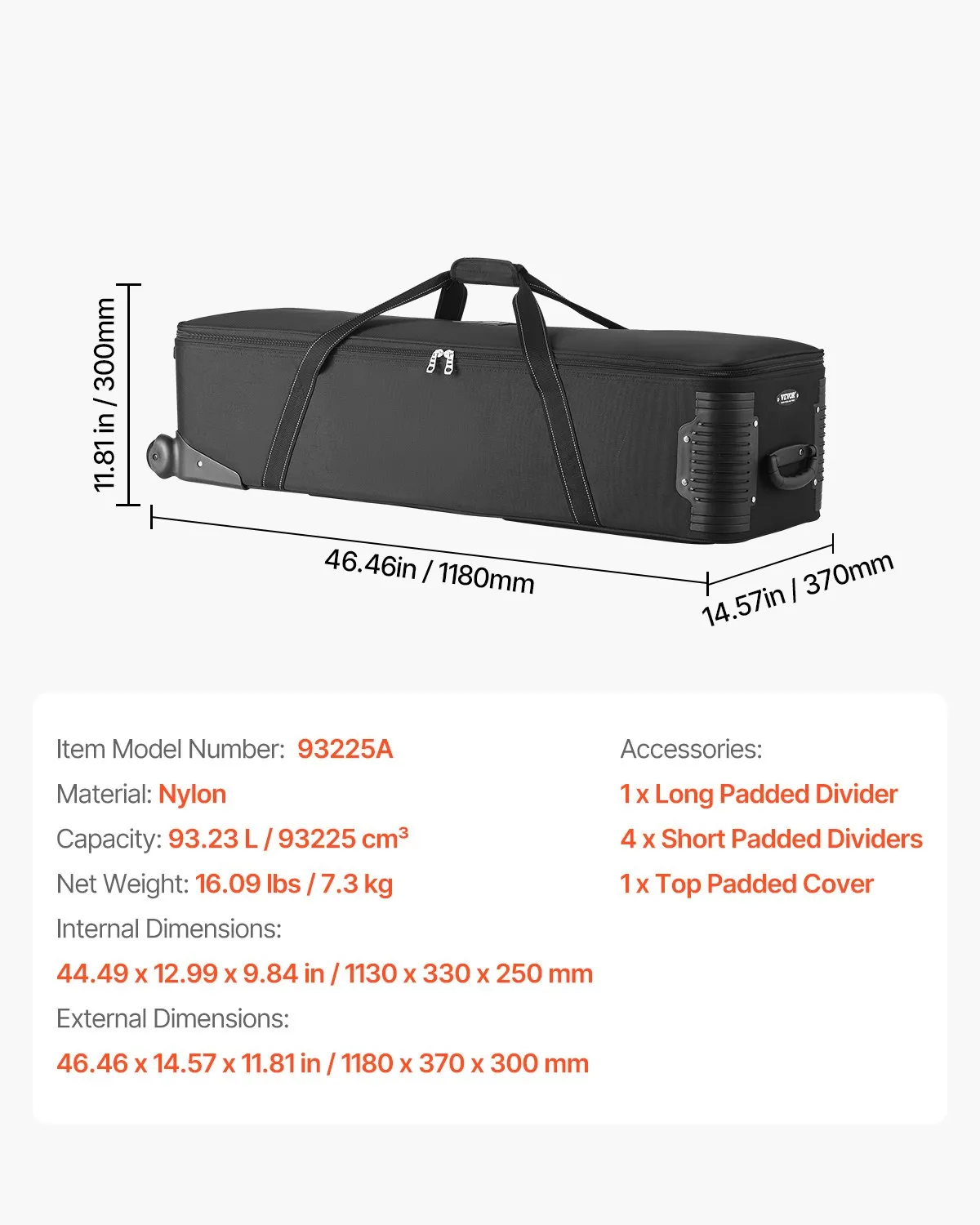 Štúdiový vozík  118x37x30 cm, prepravná taška na štúdiové vybavenie, taška na fotoaparát na kolieskach, štúdiová taška s kolieskami, popruhy, polstrovaná priehradka, rukoväť, na stojany na osvetlenie, statívy, teleskopy – Obrázok 7