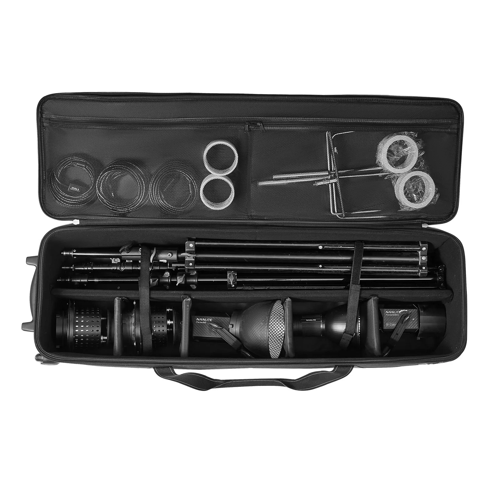 Štúdiový vozík  118x37x30 cm, prepravná taška na štúdiové vybavenie, taška na fotoaparát na kolieskach, štúdiová taška s kolieskami, popruhy, polstrovaná priehradka, rukoväť, na stojany na osvetlenie, statívy, teleskopy – Obrázok 2