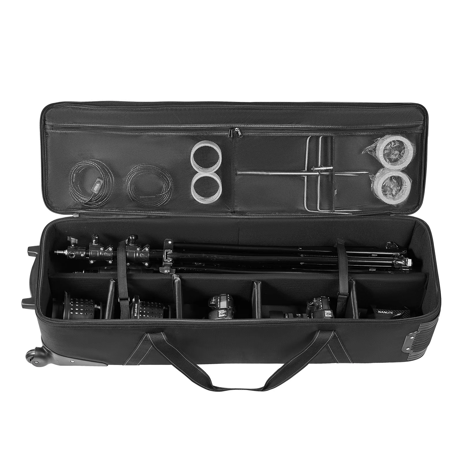 Štúdiový vozík  118x37x30 cm, prepravná taška na štúdiové vybavenie, taška na fotoaparát na kolieskach, štúdiová taška s kolieskami, popruhy, polstrovaná priehradka, rukoväť, na stojany na osvetlenie, statívy, teleskopy – Obrázok 4