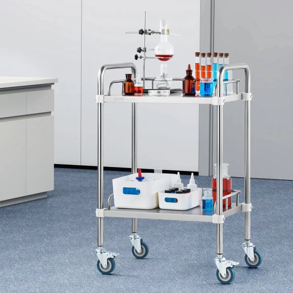 Laboratórny vozík , 2-policový vozík z nehrdzavejúcej ocele na kolieskach, laboratórny servírovací vozík s otočnými kolieskami, laboratórny vozík, zubný vozík pre kliniky, laboratóriá, nemocnice, salóny, 385 x 548 x 865 mm – Obrázok 10