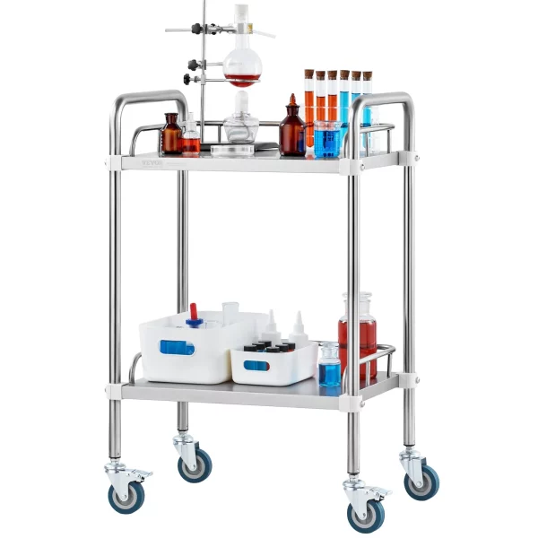Laboratórny vozík , 2-policový vozík z nehrdzavejúcej ocele na kolieskach, laboratórny servírovací vozík s otočnými kolieskami, laboratórny vozík, zubný vozík pre kliniky, laboratóriá, nemocnice, salóny, 385 x 548 x 865 mm – Obrázok 11