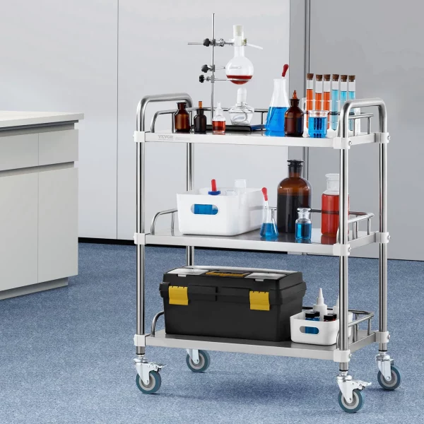 Laboratórny vozík , vozík z nehrdzavejúcej ocele s 3 policami, laboratórny servírovací vozík s otočnými kolieskami, servírovací vozík, zubný vozík pre kliniky, laboratóriá, nemocnice, salóny, 670 x 395 x 867 mm – Obrázok 10