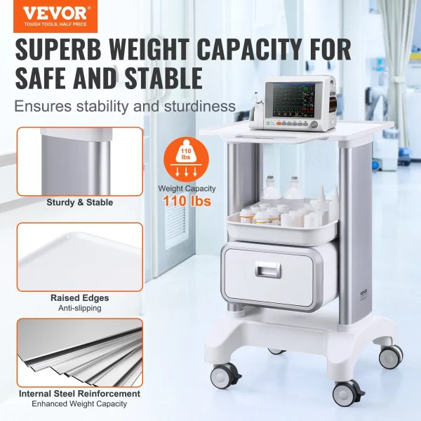 Laboratórny vozík  s 2 úrovňami, laboratórny vozík s 1 zásuvkou a 1 horným podnosom, mobilný zdravotnícky vozík vyrobený z ABS materiálu, laboratórny vozík na kolieskach so 4 tichými kolieskami pre laboratórium, kliniku, nemocnicu, salón, biely – Obrázok 3