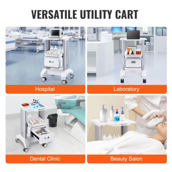 Laboratórny vozík  s 2 úrovňami, laboratórny vozík s 1 zásuvkou a 1 horným podnosom, mobilný zdravotnícky vozík vyrobený z ABS materiálu, laboratórny vozík na kolieskach so 4 tichými kolieskami pre laboratórium, kliniku, nemocnicu, salón, biely – Obrázok 7