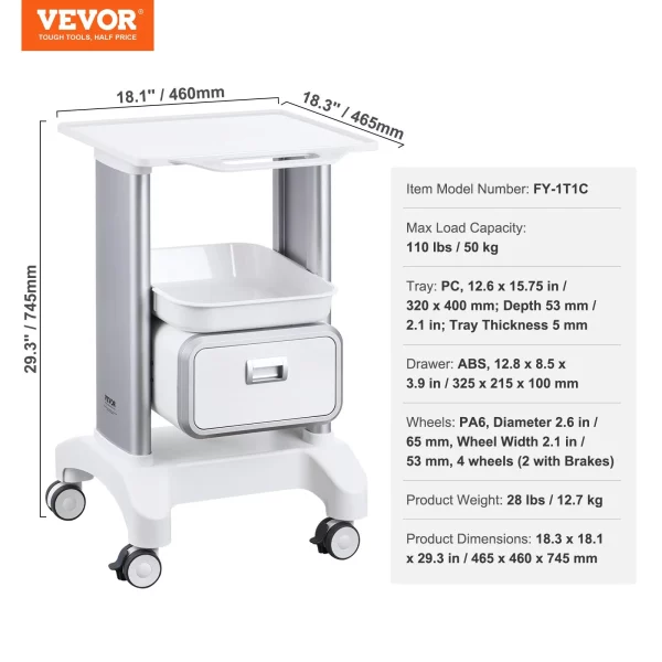 Laboratórny vozík  s 2 úrovňami, laboratórny vozík s 1 zásuvkou a 1 horným podnosom, mobilný zdravotnícky vozík vyrobený z ABS materiálu, laboratórny vozík na kolieskach so 4 tichými kolieskami pre laboratórium, kliniku, nemocnicu, salón, biely – Obrázok 8