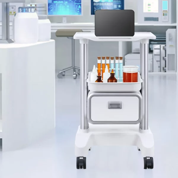 Laboratórny vozík  s 2 úrovňami, laboratórny vozík s 1 zásuvkou a 1 horným podnosom, mobilný zdravotnícky vozík vyrobený z ABS materiálu, laboratórny vozík na kolieskach so 4 tichými kolieskami pre laboratórium, kliniku, nemocnicu, salón, biely – Obrázok 9