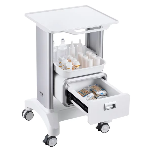 Laboratórny vozík  s 2 úrovňami, laboratórny vozík s 1 zásuvkou a 1 horným podnosom, mobilný zdravotnícky vozík vyrobený z ABS materiálu, laboratórny vozík na kolieskach so 4 tichými kolieskami pre laboratórium, kliniku, nemocnicu, salón, biely – Obrázok 11
