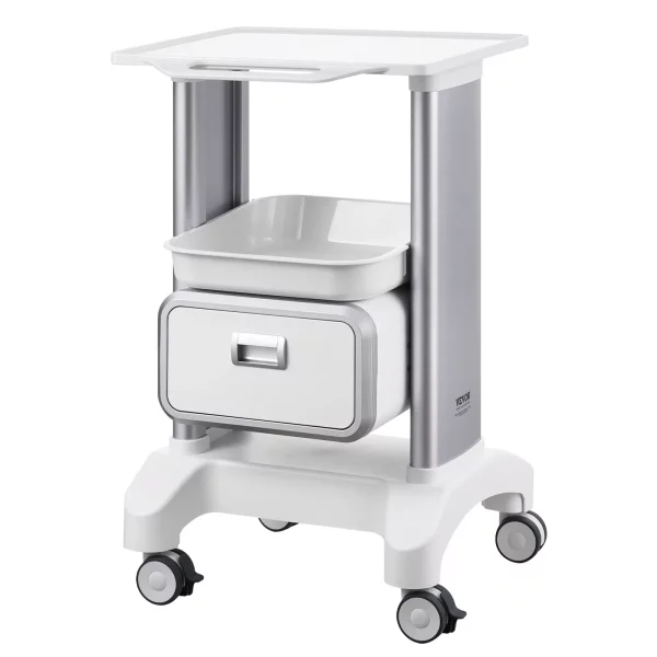 Laboratórny vozík  s 2 úrovňami, laboratórny vozík s 1 zásuvkou a 1 horným podnosom, mobilný zdravotnícky vozík vyrobený z ABS materiálu, laboratórny vozík na kolieskach so 4 tichými kolieskami pre laboratórium, kliniku, nemocnicu, salón, biely – Obrázok 12