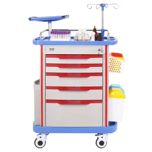 Laboratórny vozík  s 5 úrovňami, mobilný zdravotnícky vozík vyrobený z PP materiálu, so 4 tichými kolieskami a 5 zásuvkami, laboratórny vozík, salónny vozík pre laboratórium, kliniku, nemocnicu, salón, modrý