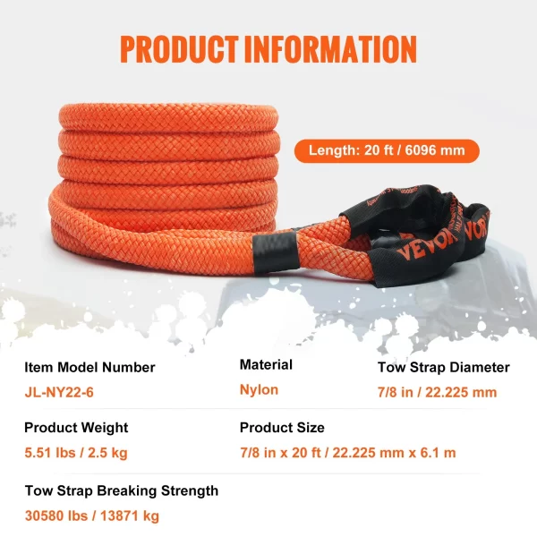 Ťažné lano 22 mm x 6 m 13871 kg, Ťažný popruh do terénu s vysokou nosnosťou, Extrémne odolné ťažné lano s 30% elasticitou, Ťažná pomôcka pre Jeep, osobné autá, nákladné autá, štvorkolky, UTV, SUV, traktory – Obrázok 6