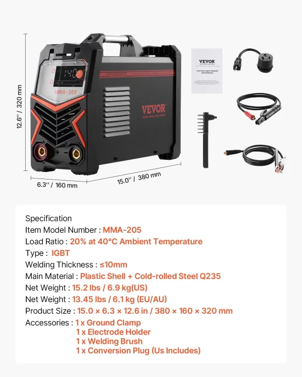 Zváračka TIG, 205A 2-v-1 zváračka (veľký LED displej) - Lift TIG/MMA (obalená), elektrická zváračka s invertorom IGBT, ideálna pre domácich majstrov, garážové práce, opravy – Obrázok 6