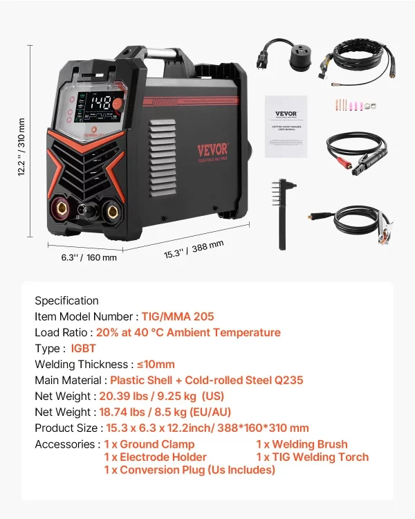 Zváračka TIG, 3-v-1 zváračka (veľký LED displej) – DC TIG/DC pulzné TIG/MMA (obalená elektróda), elektrická zváračka s invertorom IGBT a vysokofrekvenčným štartovaním – Obrázok 6